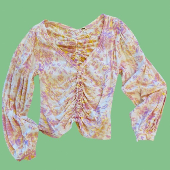 FREE PEOPLE SAY THE WORD CROP TOP Floral Printed Ruched Ivory Pink - Picture 4 of 8